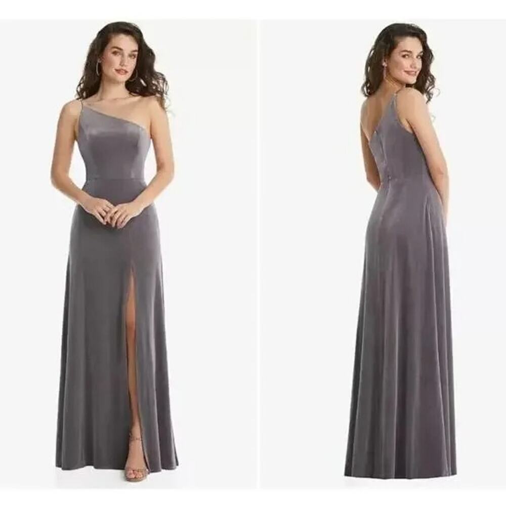 NWT After Six One Shoulder Spaghetti Strap Velvet Maxi Gown Dress 16 Caviar Gray